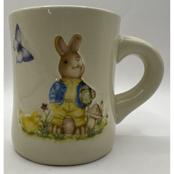 Unbranded Other - Coffee Cup Mug Rabbit Drinking With Baby Chick Butterfly Mushroom Flowers